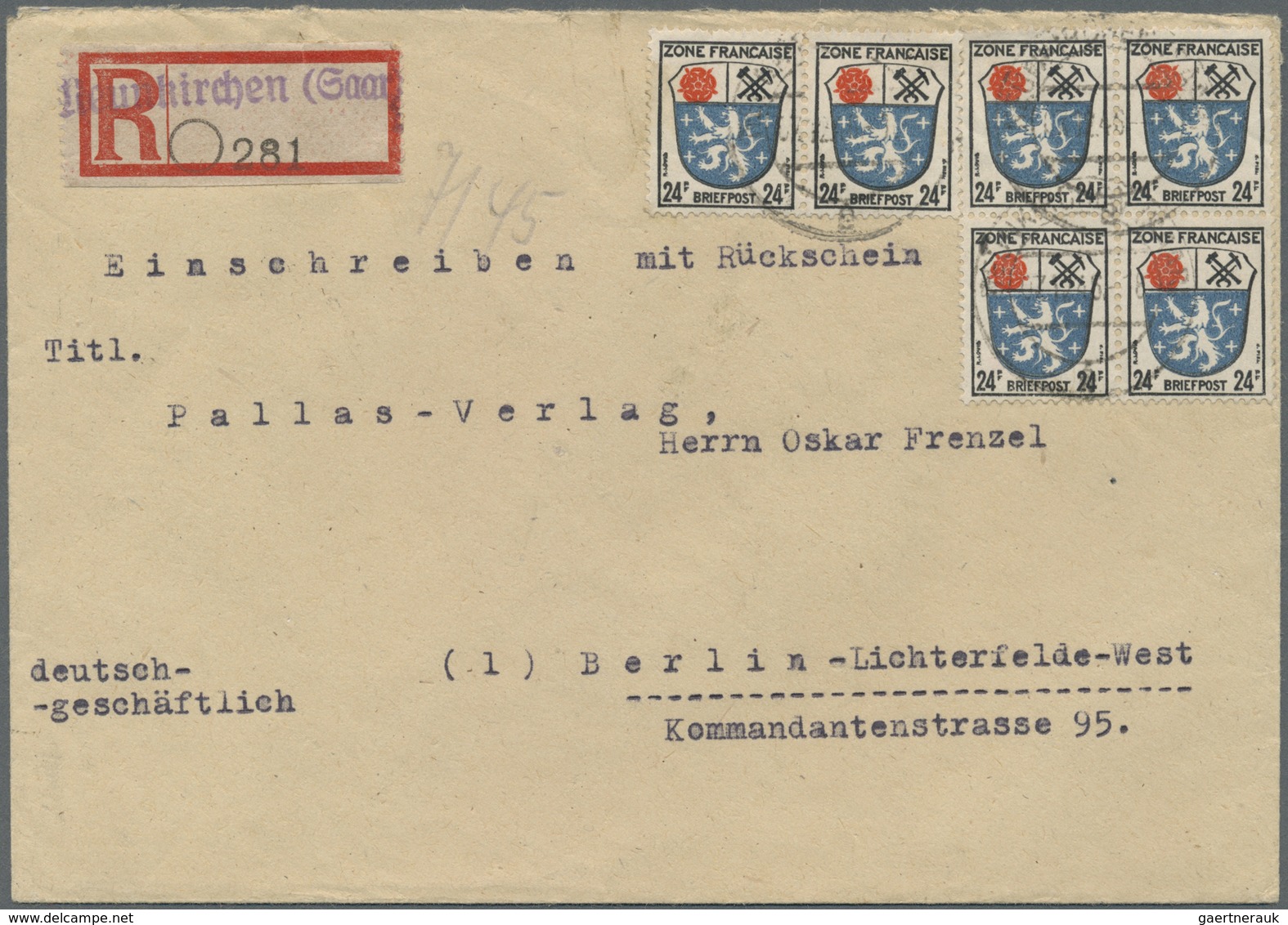 Br Französische Zone - Allgemeine Ausgabe: 1945, 6 X 24 Pf Wappen MeF Auf Einschreibe-Rückschein-Brief - Altri & Non Classificati