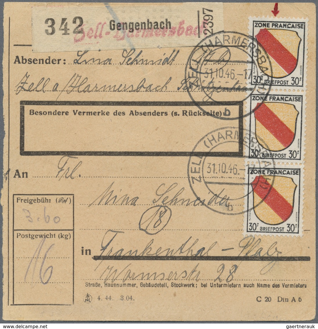 Br Französische Zone - Allgemeine Ausgabe: 1945, 30 Pf Wappen, 12 Stück Als Portogerechte Massen-MeF Au - Sonstige & Ohne Zuordnung