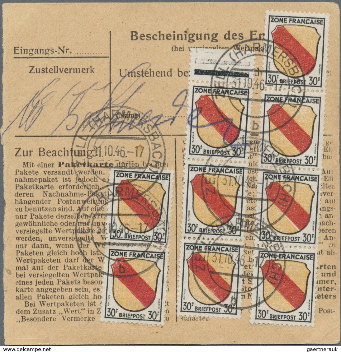 Br Französische Zone - Allgemeine Ausgabe: 1945, 30 Pf Wappen, 12 Stück Als Portogerechte Massen-MeF Au - Autres & Non Classés