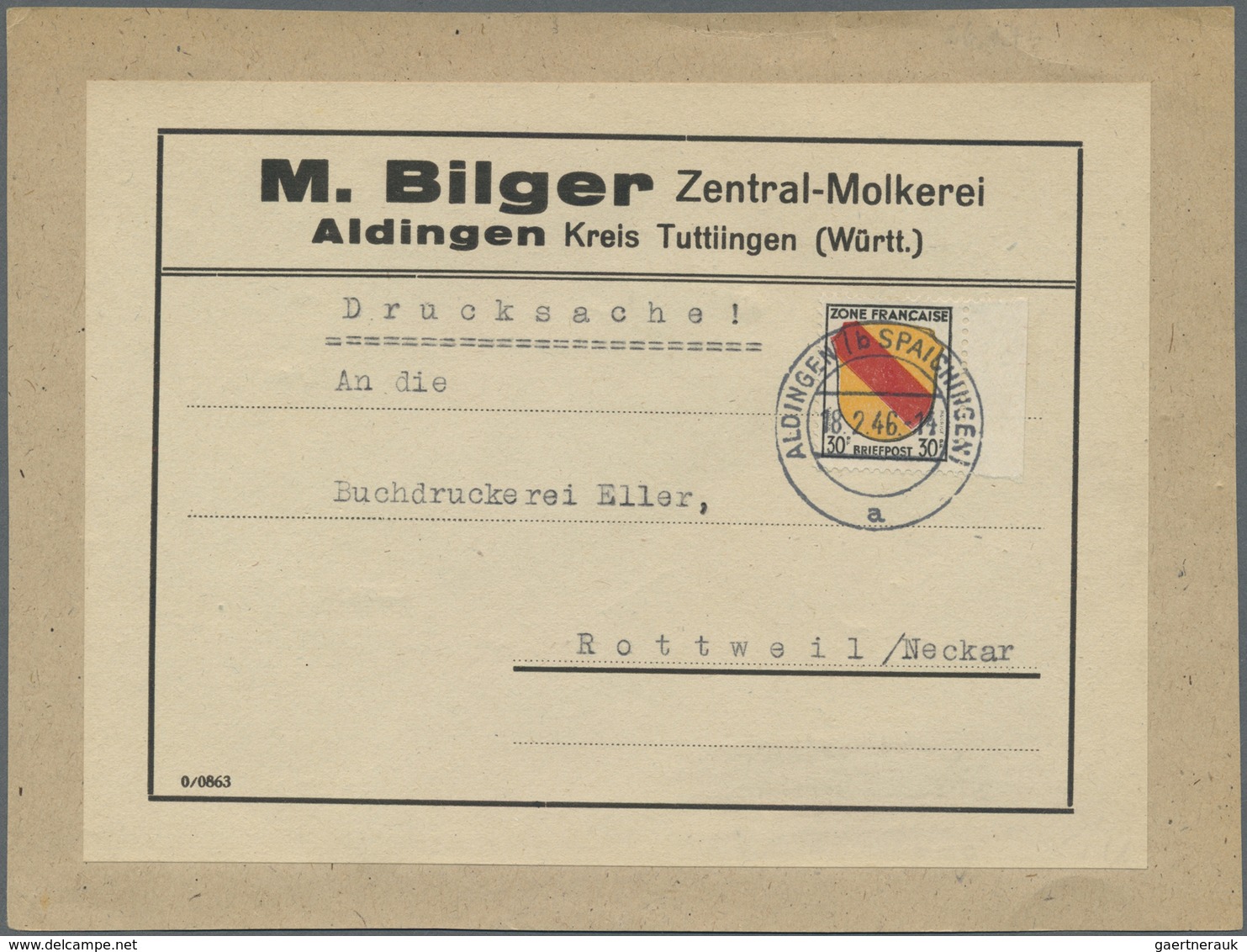 Br Französische Zone - Allgemeine Ausgabe: 1946, 30 Pf. Wappen Einzeln Auf Portorichtigem Adressträger - Autres & Non Classés