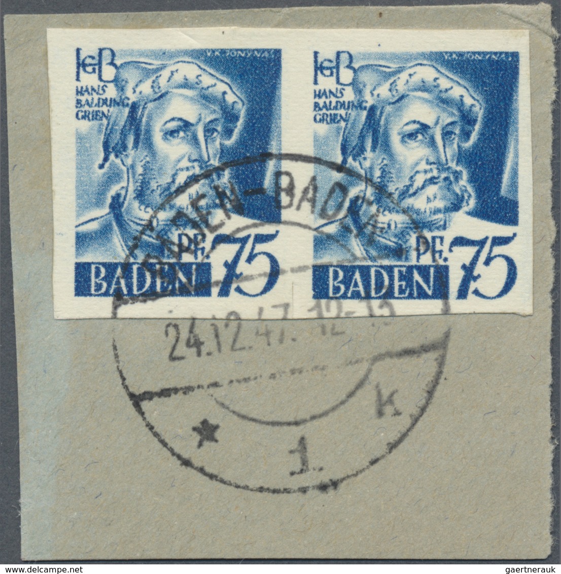 Brfst Französische Zone - Baden: 1947. Baldung 75 Pf In Einem UNGEZÄHNTEN Waagrechten Paar Auf Briefstück - Autres & Non Classés