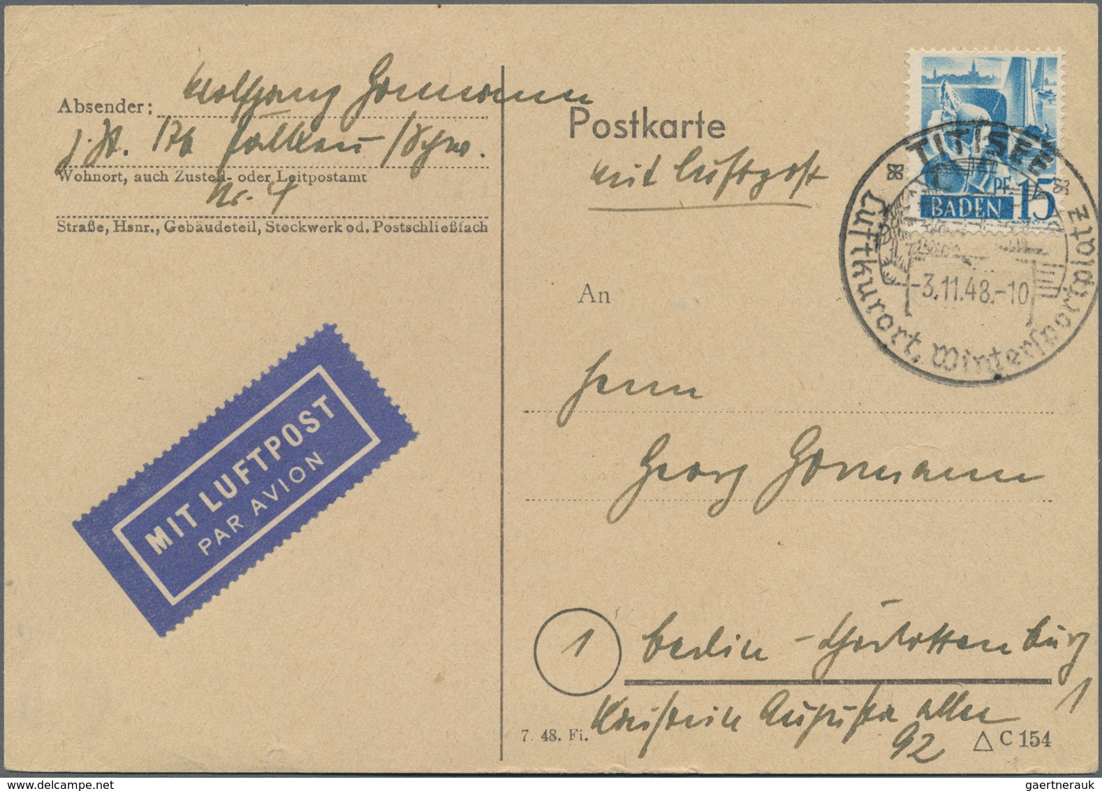Br Französische Zone - Baden: 1948, 15 Pf Kobaltblau, Portogerechte EF Auf Luftpost-Postkarte Von Titis - Altri & Non Classificati