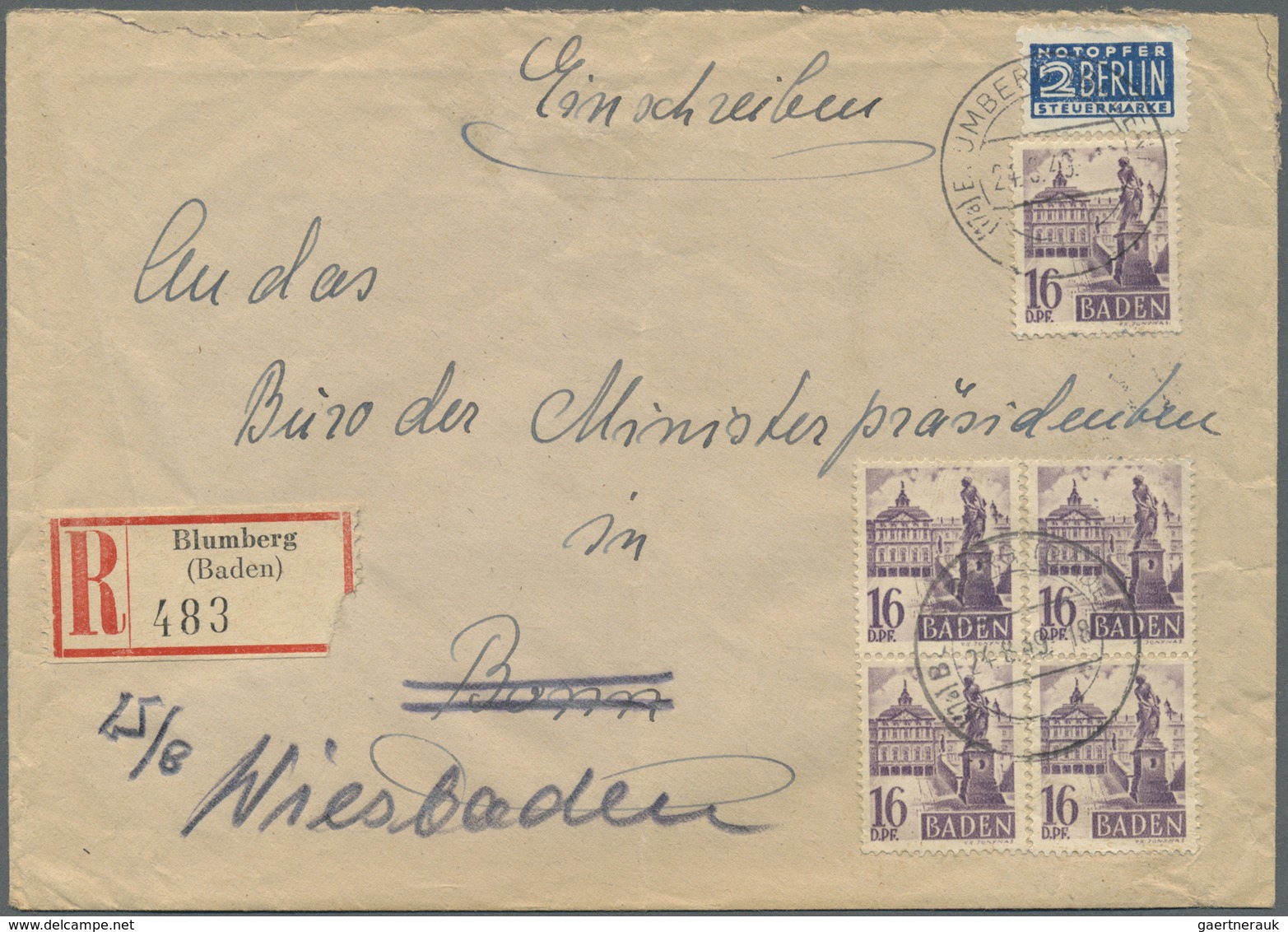 Br Französische Zone - Baden: 1948, 16 Pf Dkl'grauviolett, 5 Stück Als Portogerechte MeF Auf Einschreib - Sonstige & Ohne Zuordnung