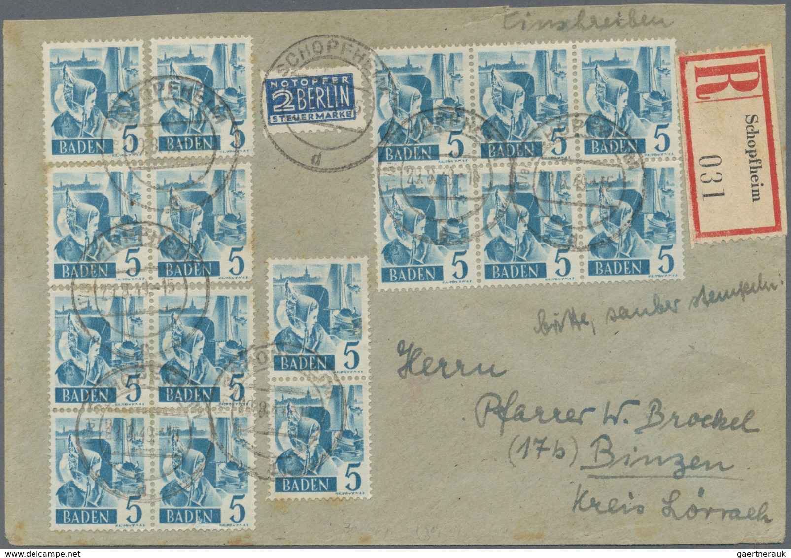 Br Französische Zone - Baden: 1948, 5 Pf Türkisblau, 16 Stück Als Portogerechte Massen-MeF Auf Einschre - Sonstige & Ohne Zuordnung
