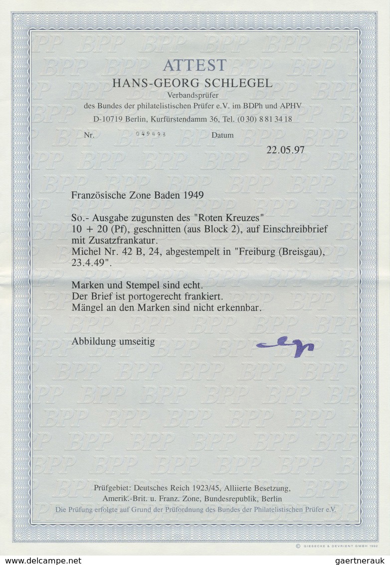 Br Französische Zone - Baden: 1949, 10 Pfg. Rotes Kreuz-Blockmarke Und 50 Pfg. Freimarke Als Portogerec - Altri & Non Classificati