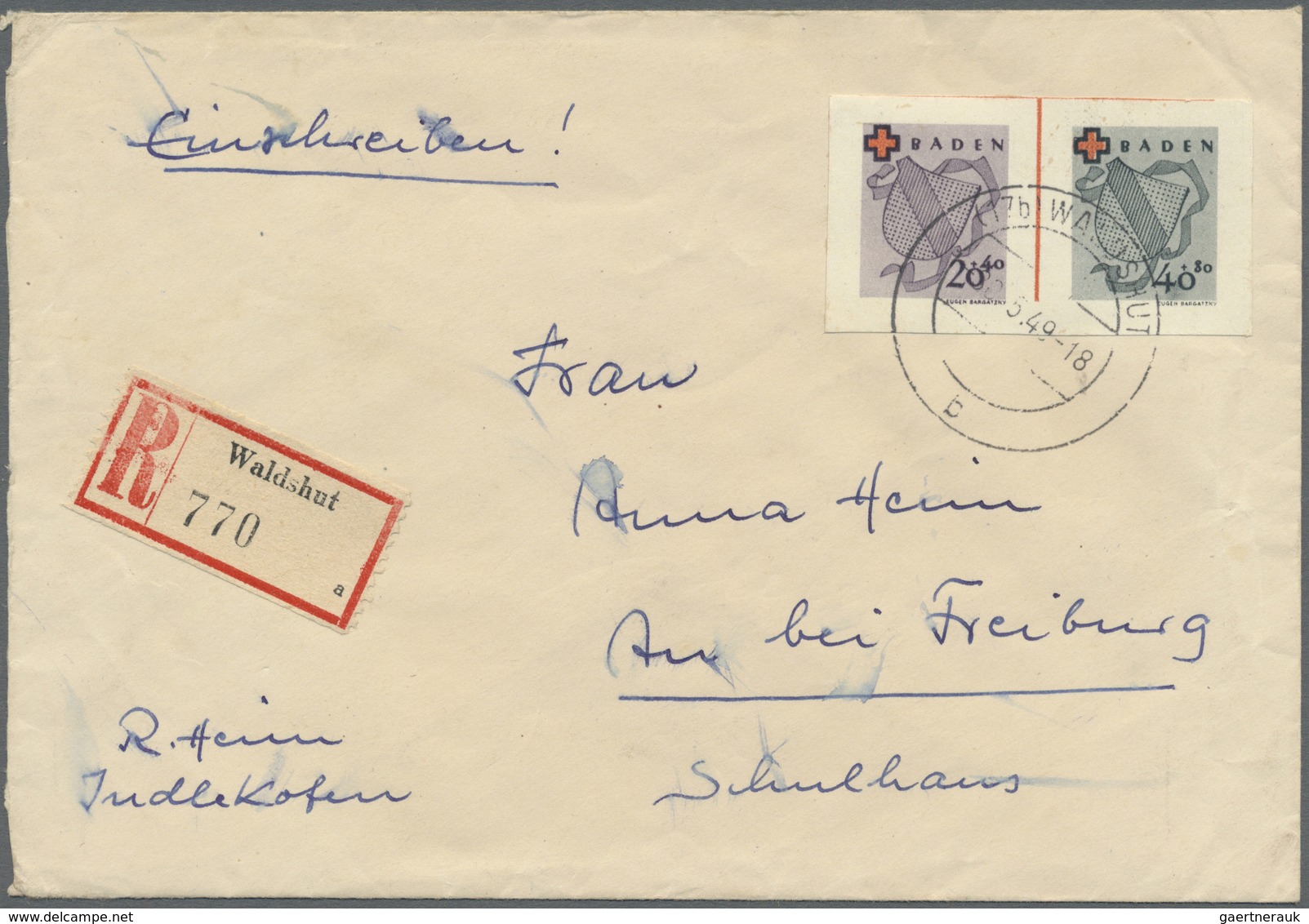 Br Französische Zone - Baden: 1949, 20 Pfg. Und 40 Pfg. Rotes Kreuz-Blockmarken Als Einheit Und Portoge - Altri & Non Classificati