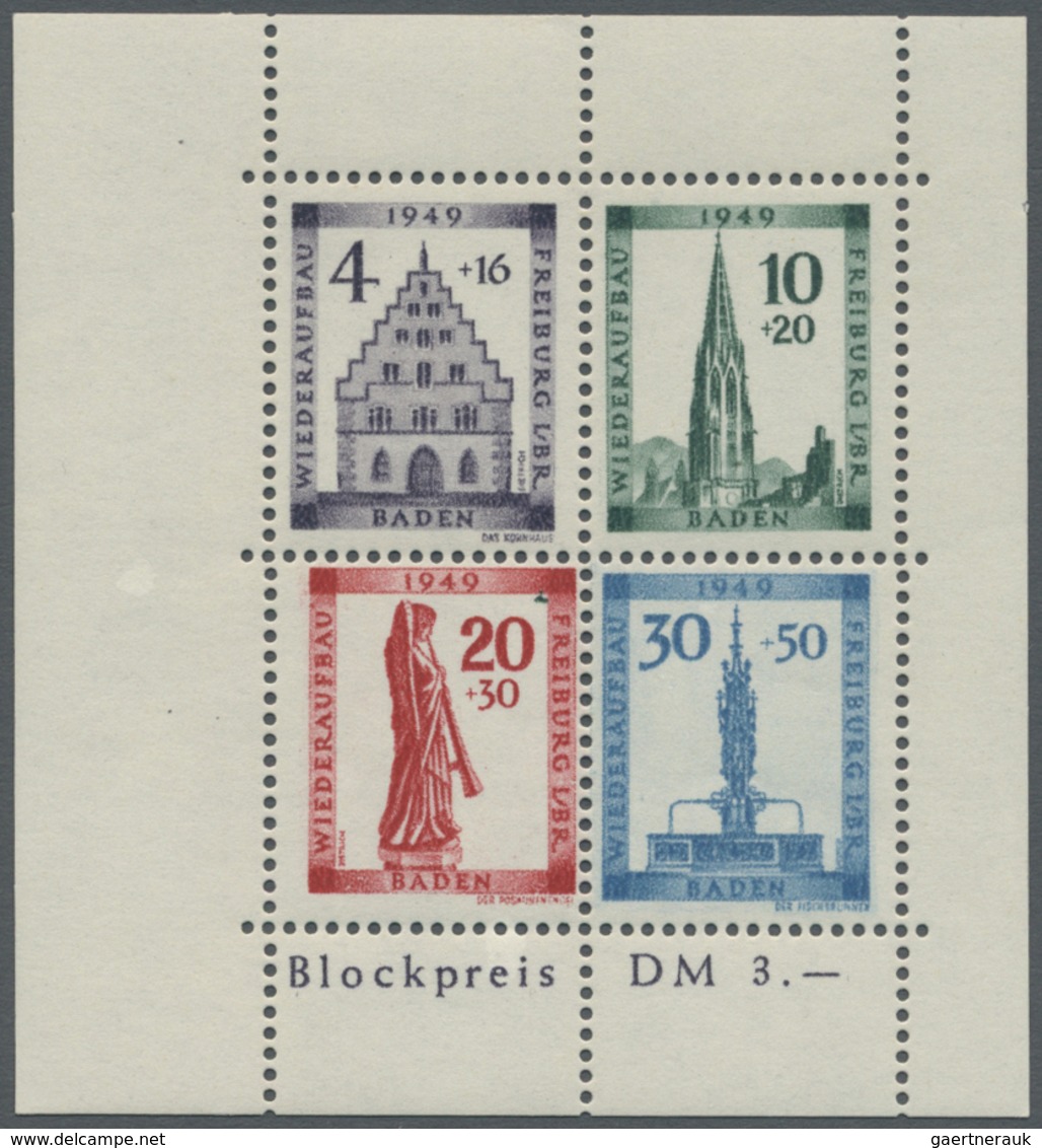 ** Französische Zone - Baden: 1949, Wiederaufbau-Block Gezähnt Mit Abart "20 Pfg.-Wertstufe Nach Rechts - Autres & Non Classés