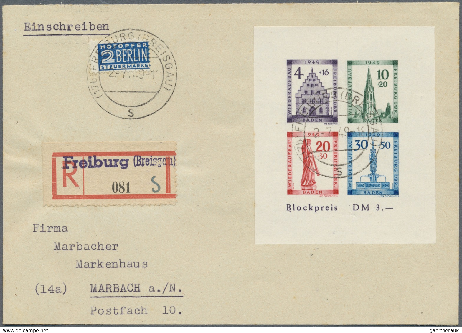 Br Französische Zone - Baden: 1949, Freiburg Blockpaar Auf 2 Gelaufenen R-Briefen Von „FREIBURG (BREISG - Altri & Non Classificati