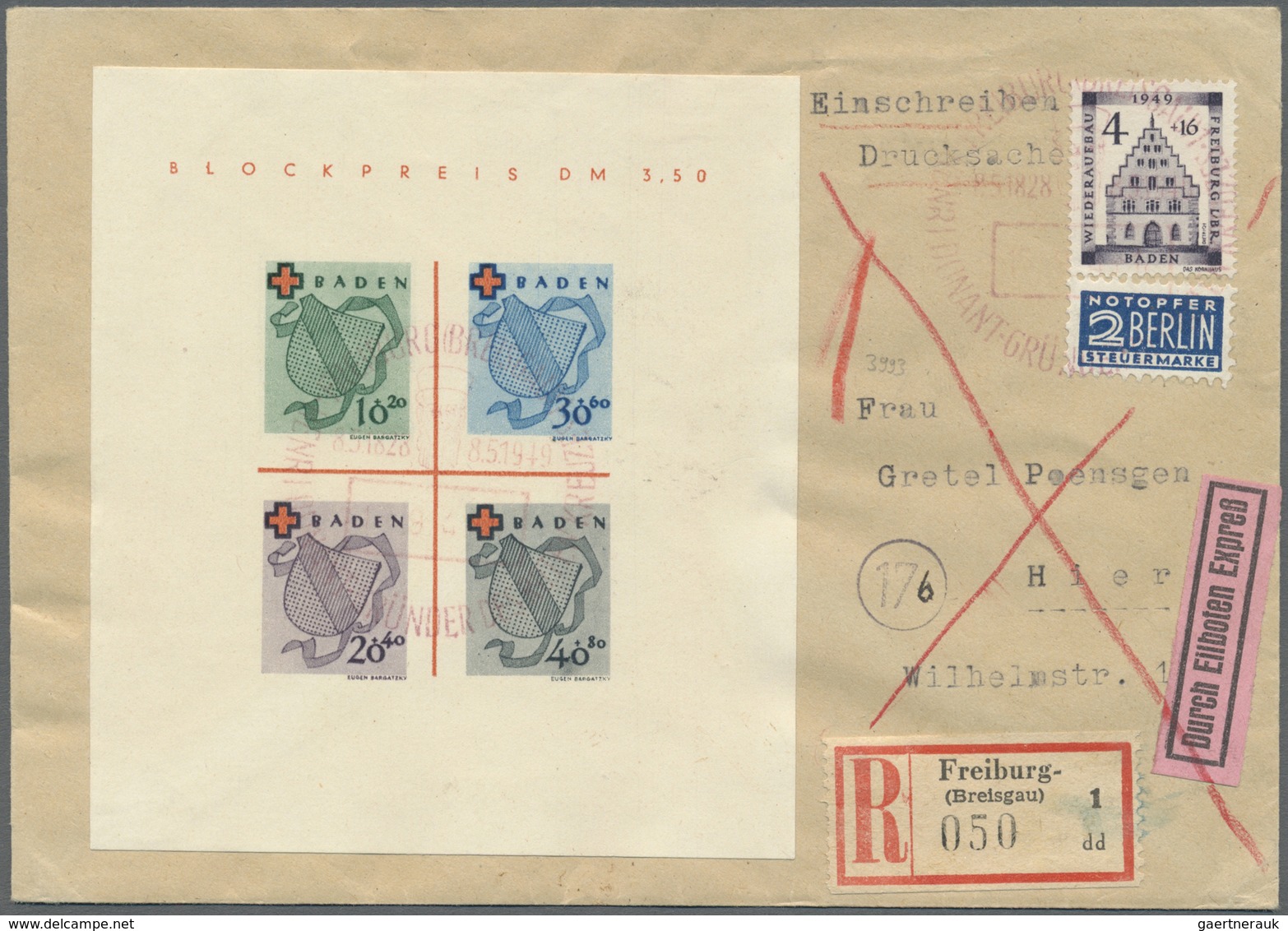 Br Französische Zone - Baden: 1949, Rot Kreuz-Block, Type II Und 4 Pfg. Wiederaufbau Je Mit Rotem SST " - Sonstige & Ohne Zuordnung