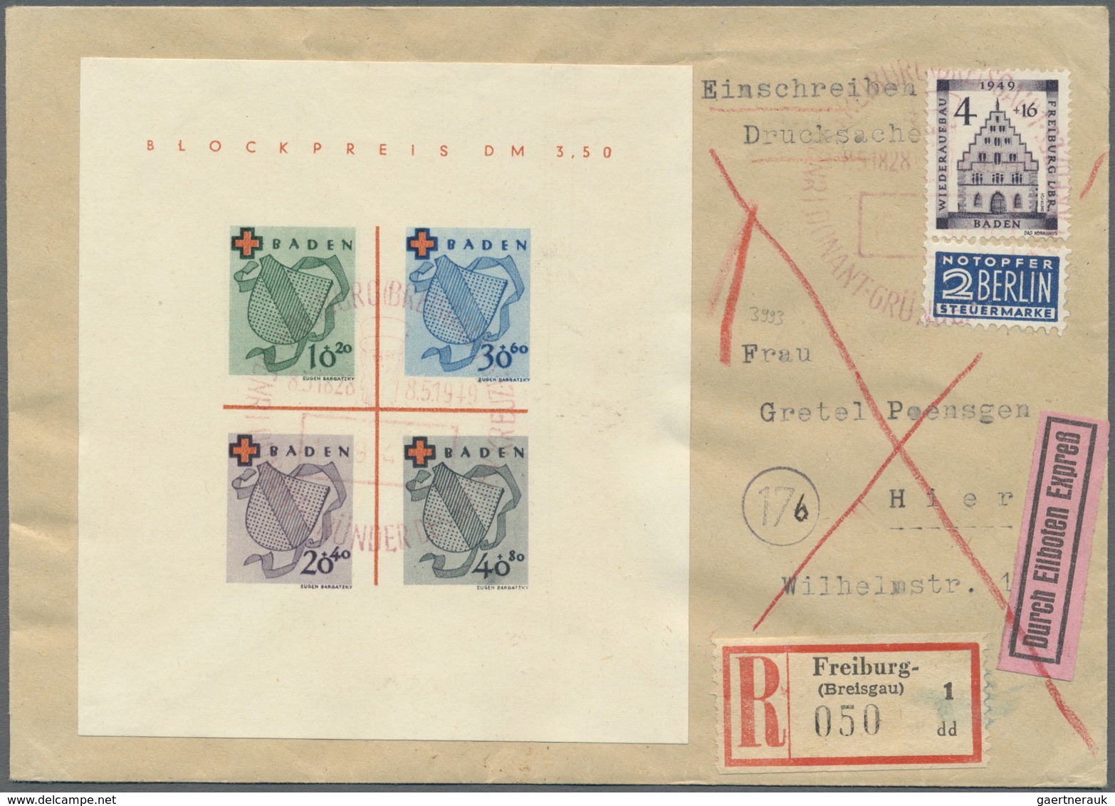 Br Französische Zone - Baden: 1949, Rot Kreuz-Block, Type II Und 4 Pfg. Wiederaufbau Je Mit Rotem SST " - Autres & Non Classés