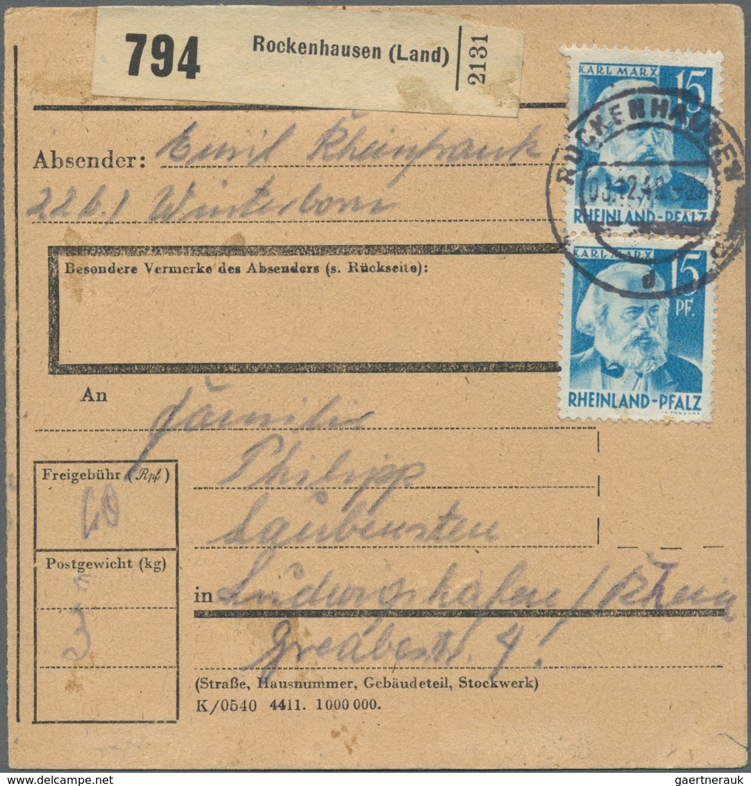 Br Französische Zone - Rheinland Pfalz: 1948, 15 Pf Türkisblau, 3 Paketkarten Mit Reinen Mehrfachfranka - Altri & Non Classificati