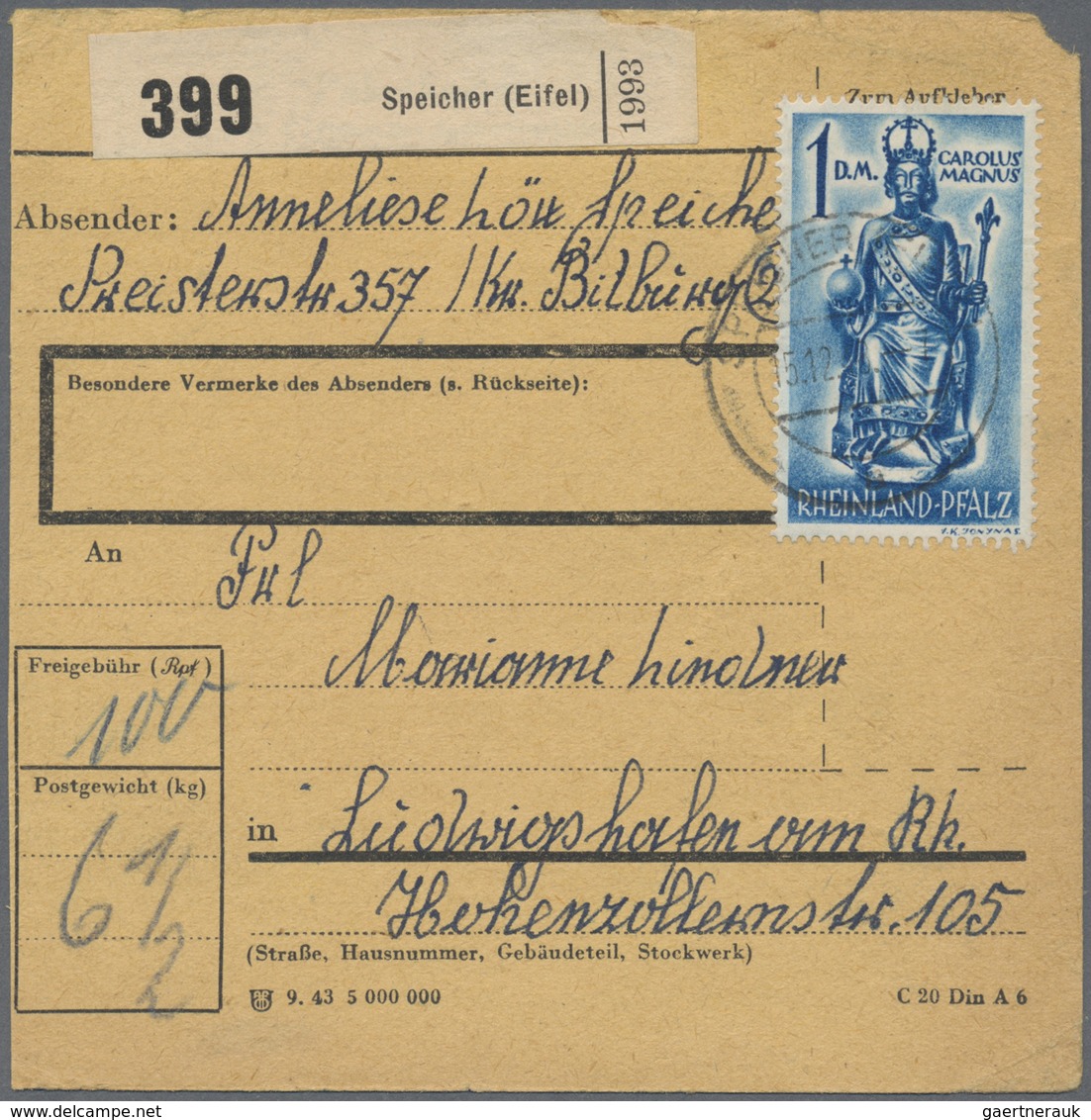 Br Französische Zone - Rheinland Pfalz: 1948, 1 M Dkl'blau EF Auf Paketkarte Von Speicher, 15.12.48, Na - Autres & Non Classés