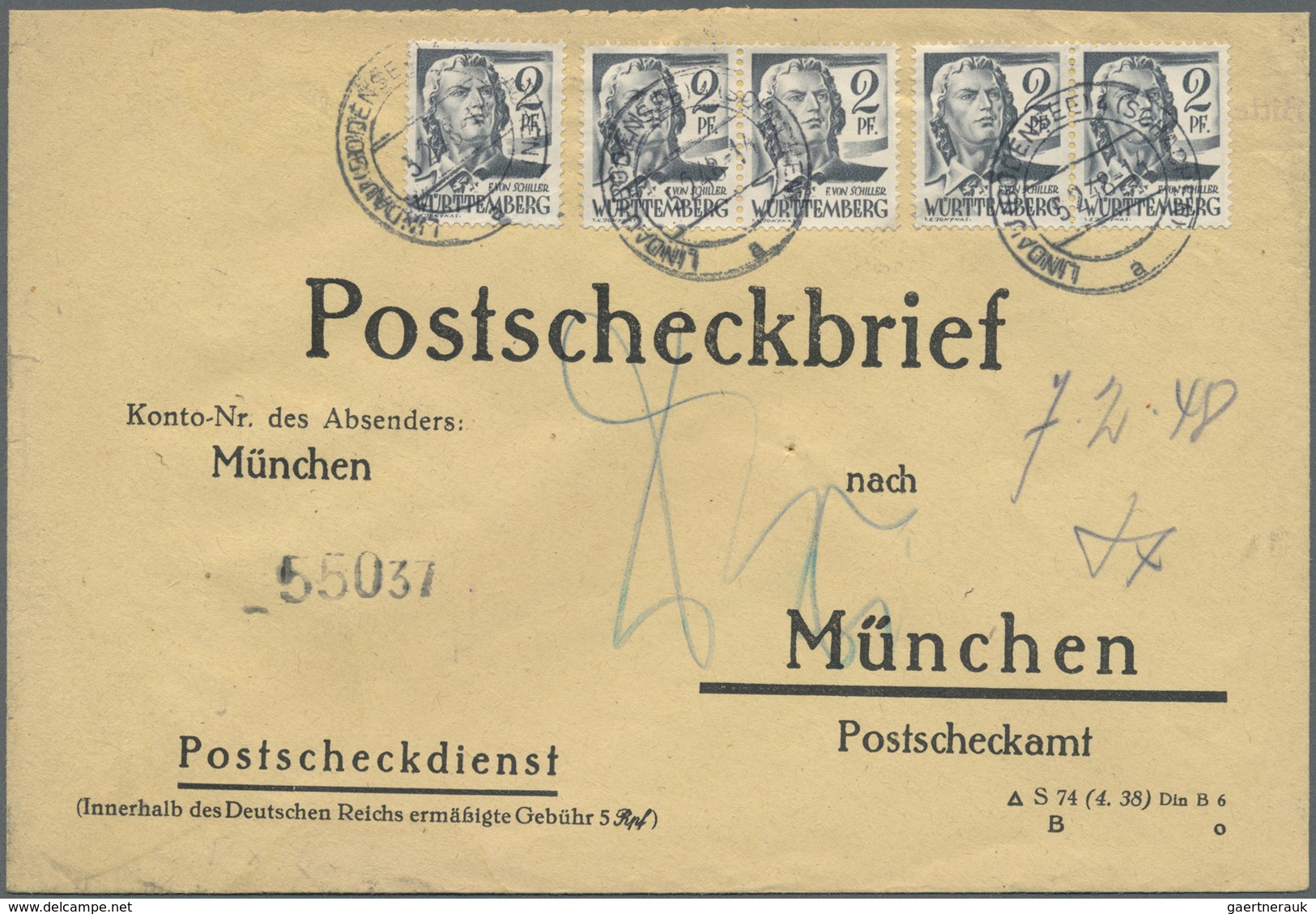 Br Französische Zone - Württemberg: 1948, 5 X 2 Pf Schwarzgrau In Sehr Seltener Verwendung Als Portoger - Autres & Non Classés