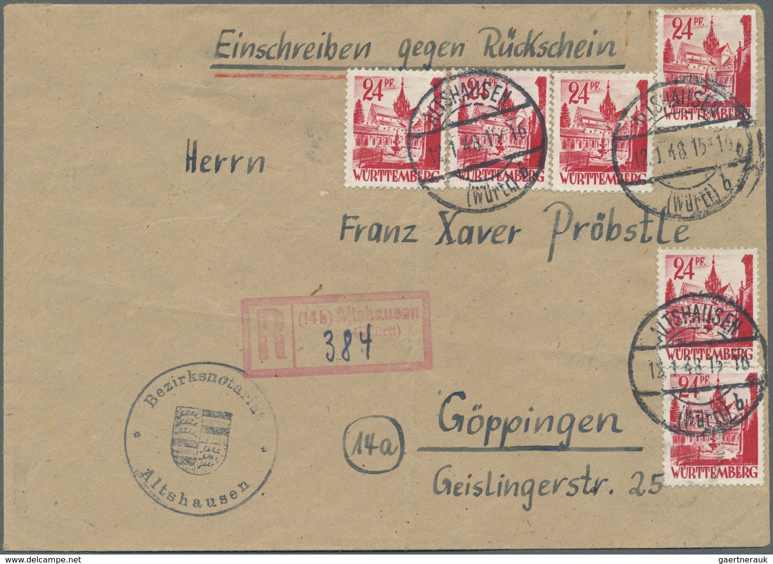 Br Französische Zone - Württemberg: 1947, 6 X 24 Pf Rosarot, Portogerechte MeF Auf Einschreibe-Rücksche - Sonstige & Ohne Zuordnung