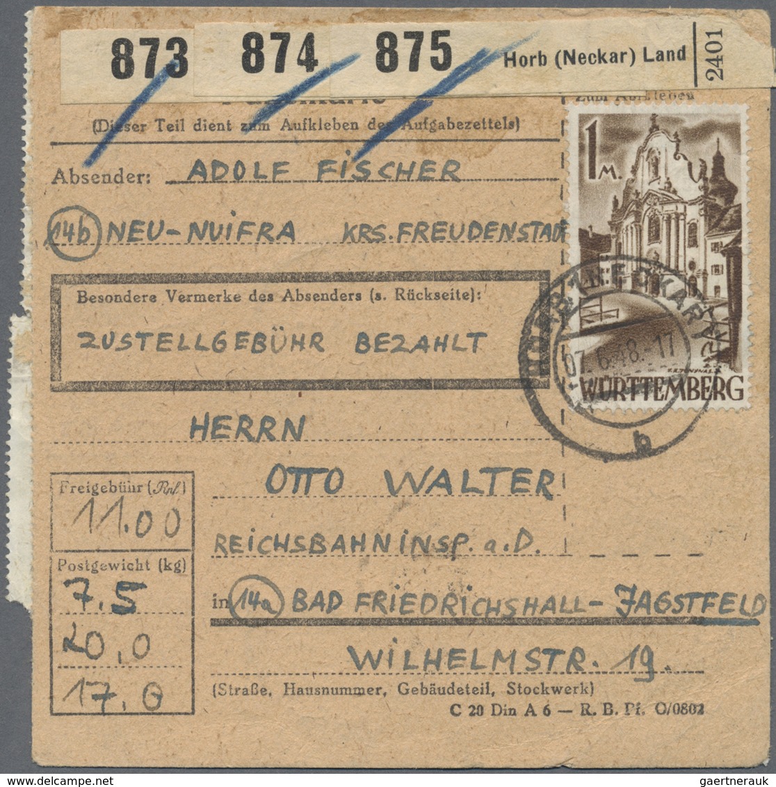 Br Französische Zone - Württemberg: 1947, 1 M Braun, 11 Stück Als Seltene MeF Auf Paketkarte Für 3 Pake - Autres & Non Classés