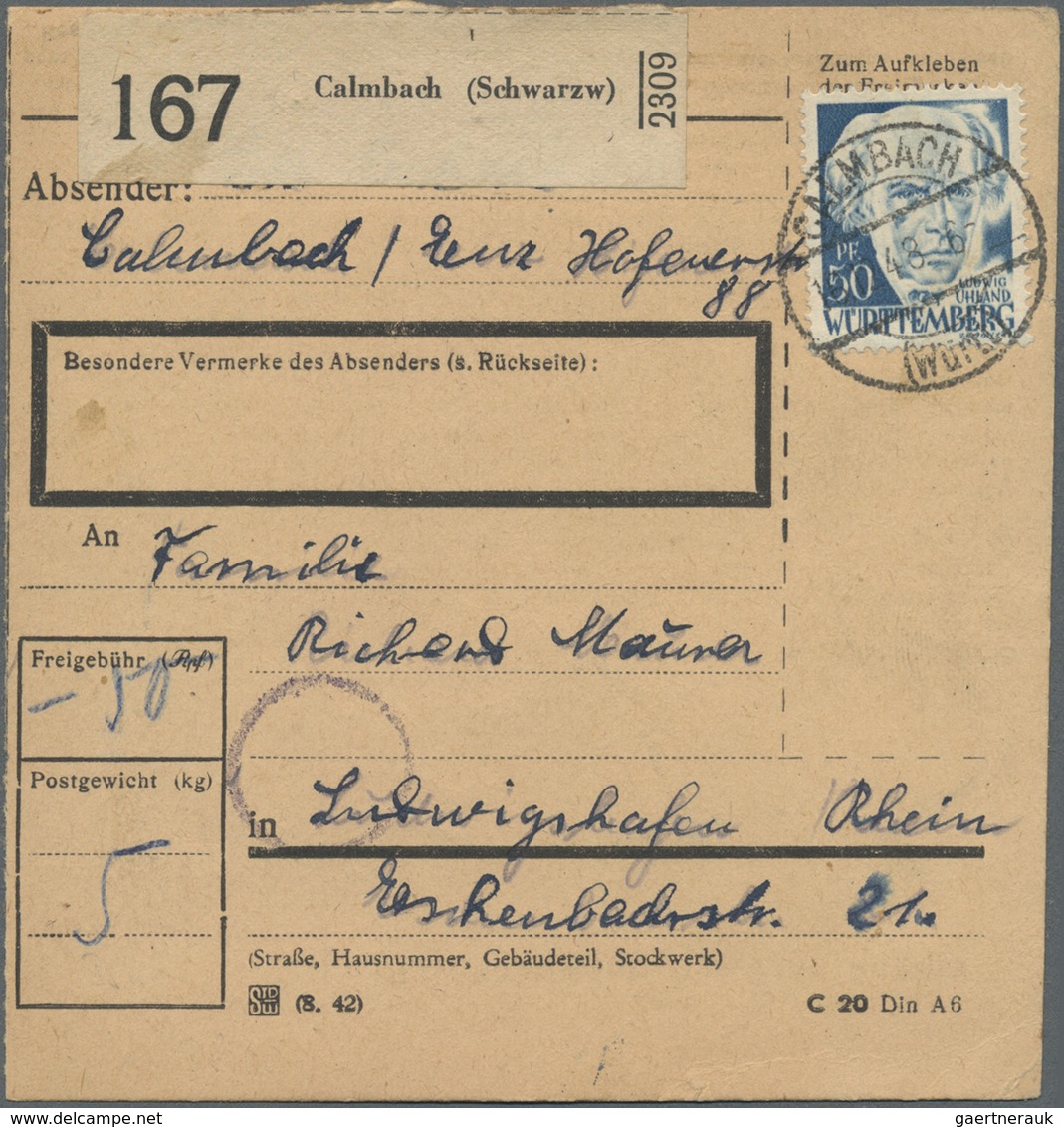 Br Französische Zone - Württemberg: 1948, 50 Pf Dkl'blau, 3 Versch. Frankaturen Auf Paketkarten, Dabei - Sonstige & Ohne Zuordnung