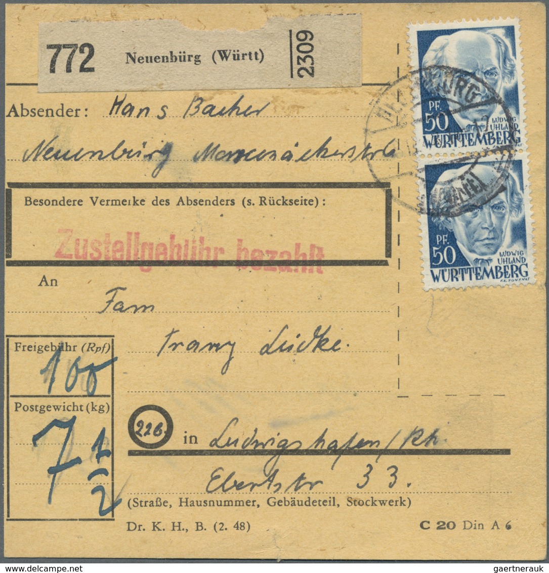 Br Französische Zone - Württemberg: 1948, 50 Pf Dkl'blau, 3 Versch. Frankaturen Auf Paketkarten, Dabei - Autres & Non Classés