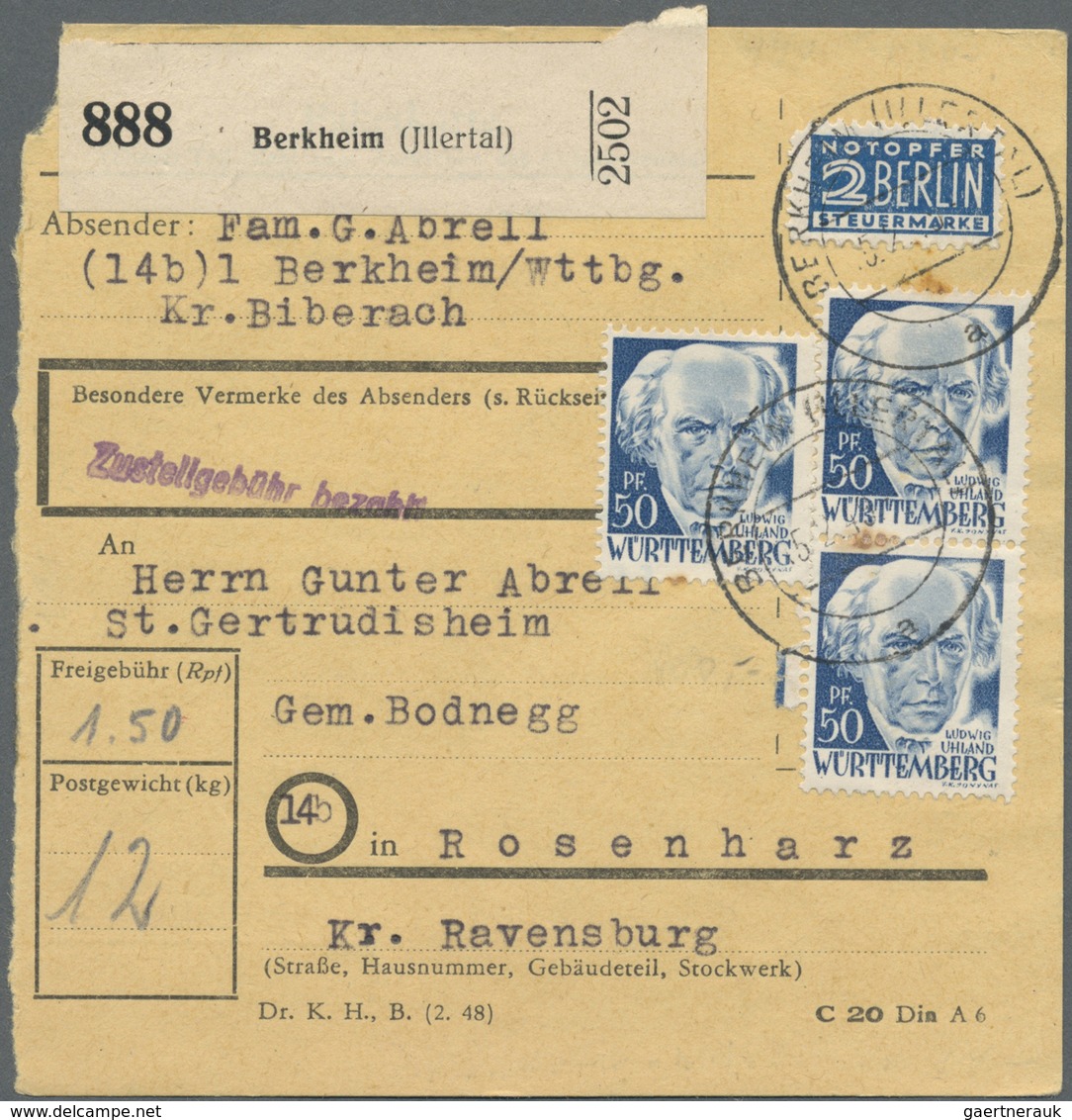 Br Französische Zone - Württemberg: 1948, 50 Pf Dkl'blau, 3 Versch. Frankaturen Auf Paketkarten, Dabei - Sonstige & Ohne Zuordnung