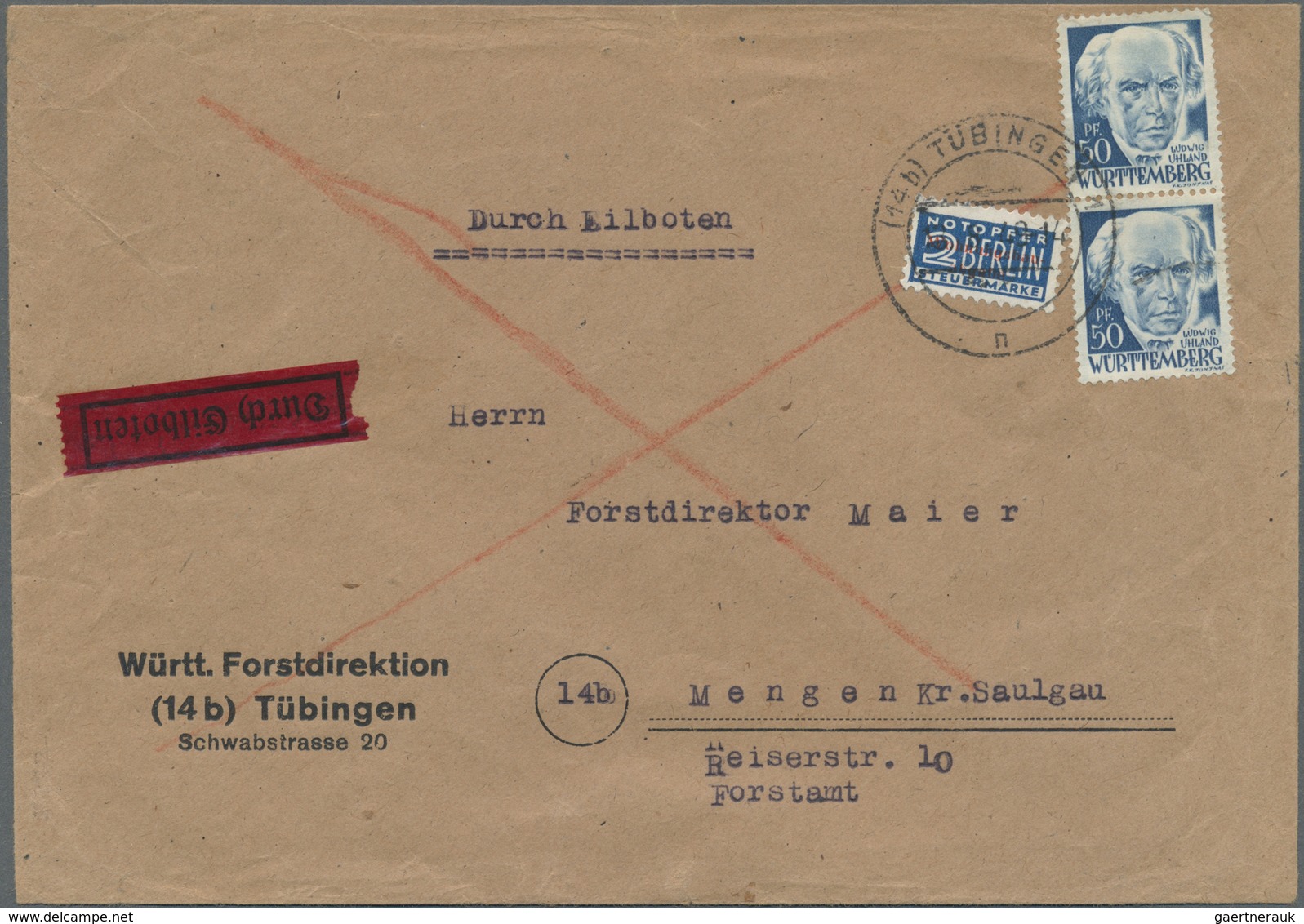 Br Französische Zone - Württemberg: 1948, 50 Pf Dkl'blau, Senkr. Paar Als Portogerechte MeF Auf Eilbote - Altri & Non Classificati
