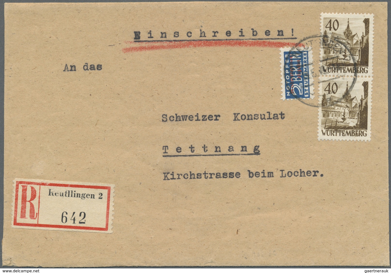 Br Französische Zone - Württemberg: 1948, 40 Pf Dkl'olivbraun, Senkr. Paar Als Portogerechte MeF Auf Ei - Autres & Non Classés