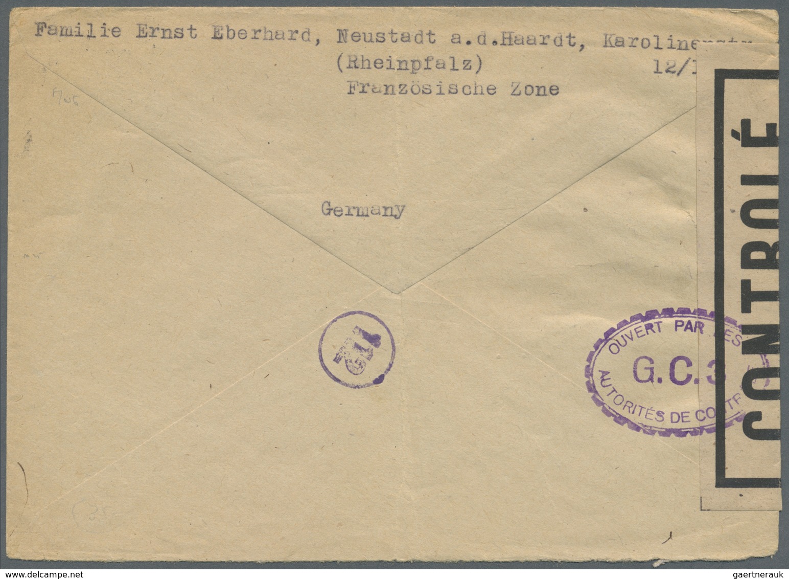 Br Französische Zone - Besonderheiten: 1946, "G.C.3", Violetter Zensurstempel Klar Vorder- Und Rückseit - Sonstige & Ohne Zuordnung