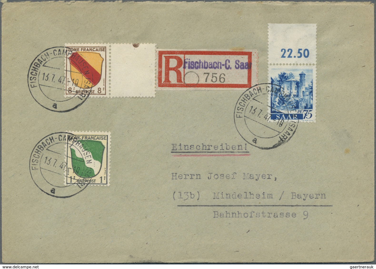 Br Saarland (1947/56): 1947, 75 Pf. Saar Blau Oberrandstück Mit Gutem Wz. "X", Zusammen Mit Französisch - Nuovi