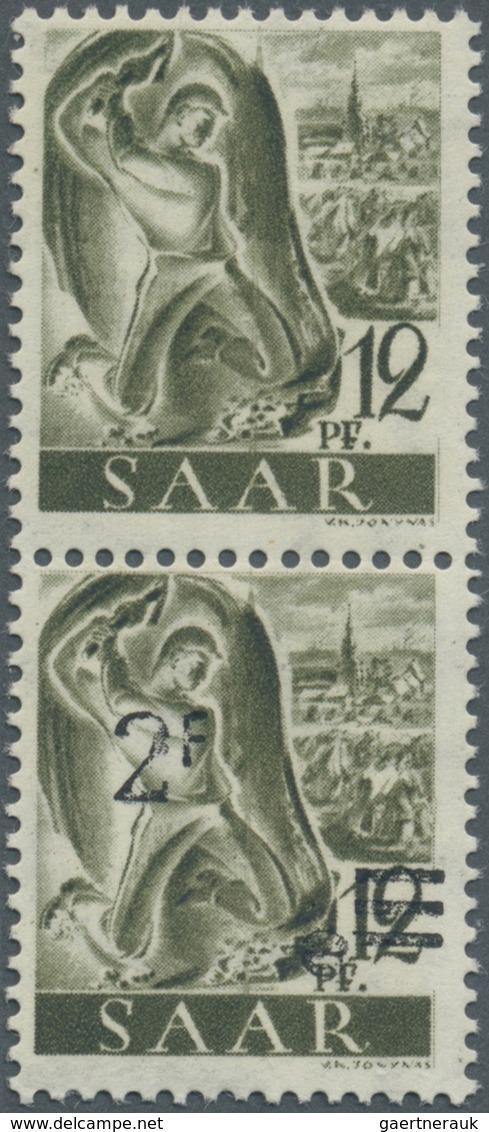 **/* Saarland (1947/56): 1947, 2 Fr. Auf 12 Pfg. Schwarzgrauoliv, Senkrechtes Paar Ohne Und Mit Aufdruck, - Neufs