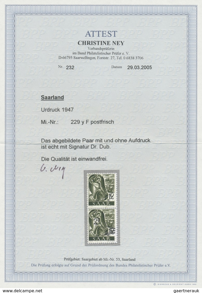 **/* Saarland (1947/56): 1947, 2 Fr. Auf 12 Pfg. Schwarzgrauoliv, Senkrechtes Paar Ohne Und Mit Aufdruck, - Ungebraucht