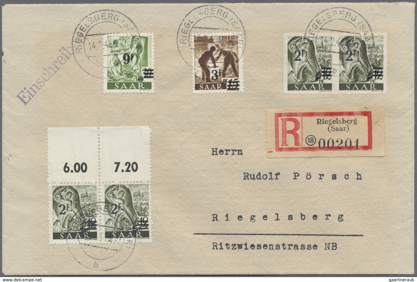 Br Saarland (1947/56): 1948. Ungezähntes, Waagerechtes Paar 2 Fr Auf 12 Pf Urdruck, Mit Weiteren Marken - Neufs