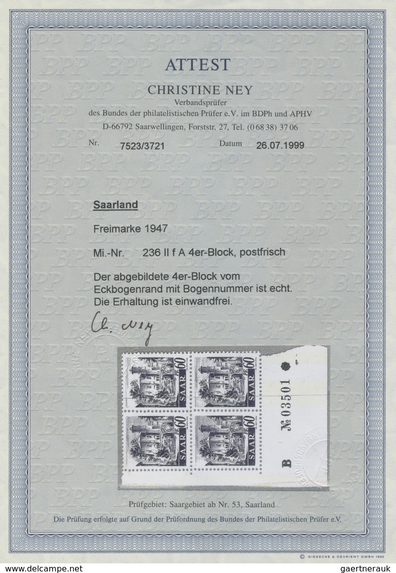 **/ Saarland (1947/56): 1946, 60 Pfg. Neuauflage Ohne Aufdruck Im Viererblock Aus Der Linken Unteren Bog - Ungebraucht