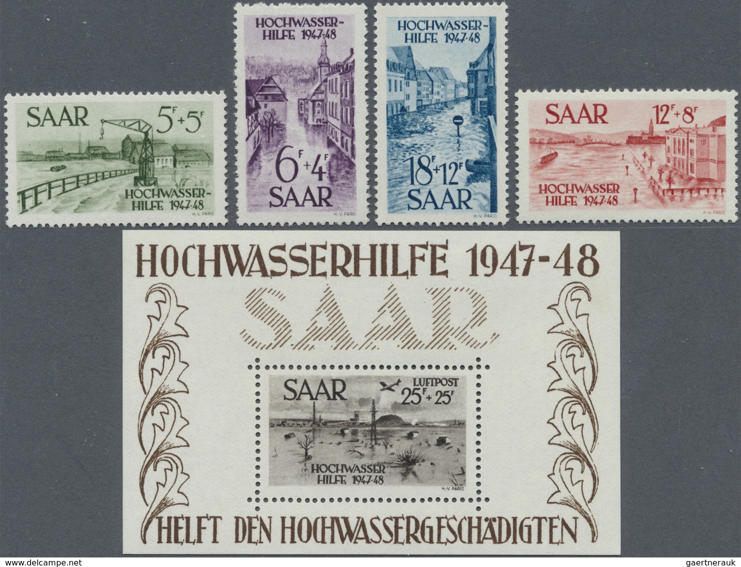 ** Saarland (1947/56): 1948, Hochwasser-Blockpaar Und Dazu 4 Einzelwerte Postfrisch, Bl 1 Minimaler Ran - Nuovi