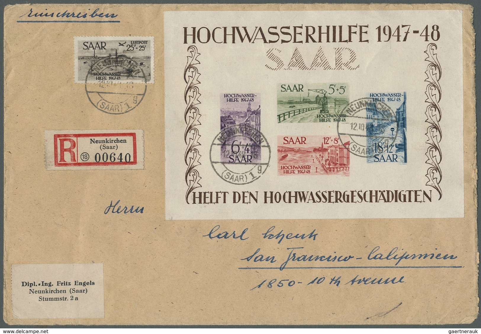 Br/ Saarland (1947/56): 1948, Block "Hochwasserhilfe", Blocktype IV Auf FDC Mit Zusatzfrankatur Von "NEU - Neufs