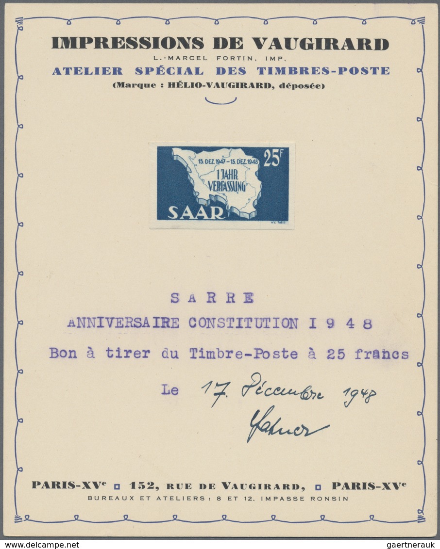 Saarland (1947/56): 1948. Set Von 2 Probedrucken Für Die Kpl. Ausgabe "1 Jahr Verfassung" (2 Werte). - Neufs