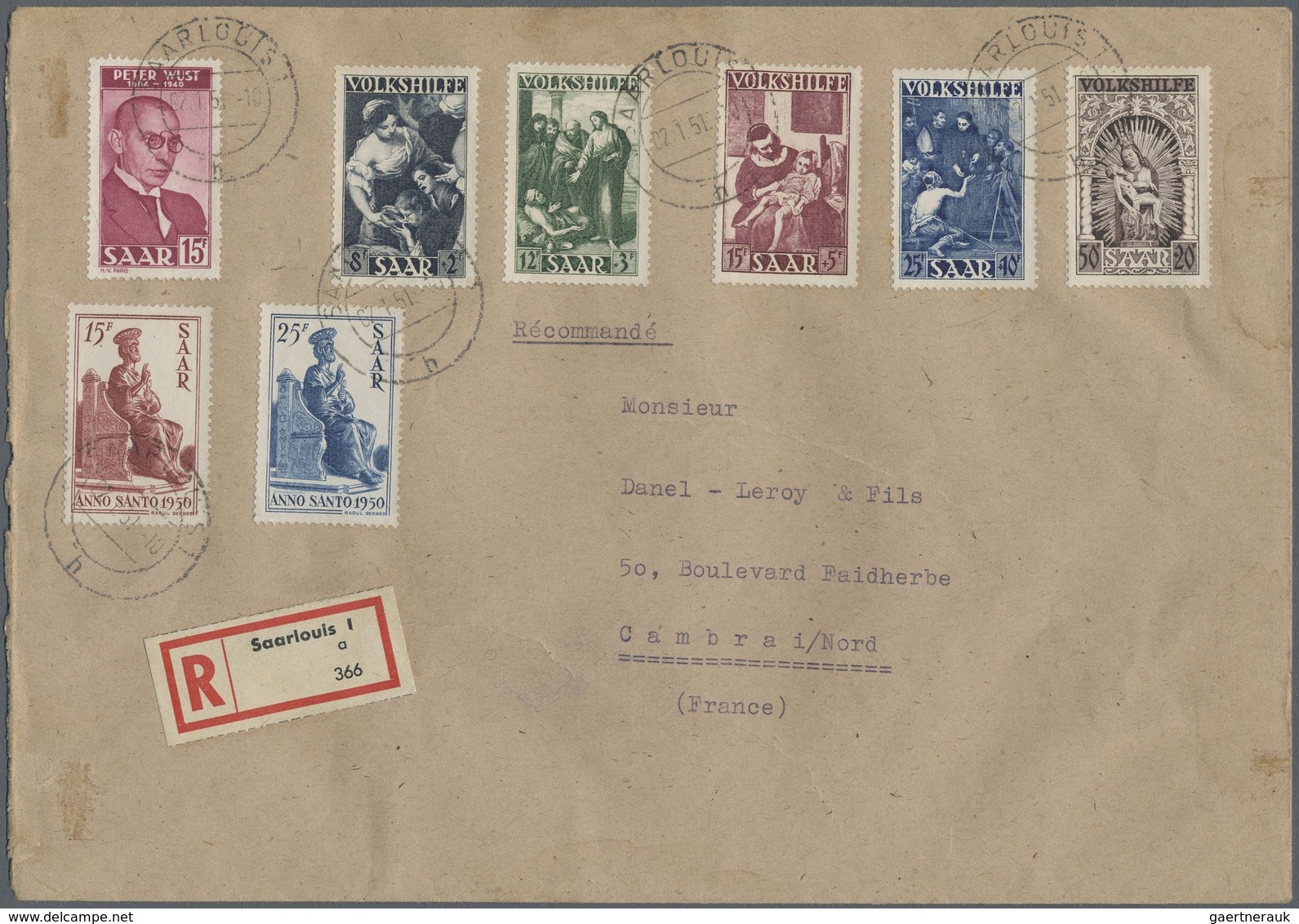 Br Saarland (1947/56): 1949, Volkshilfe Kompletter Satz Mit Beifrankatur Auf R-Brief Von "SAARLOUIS 2.1 - Neufs