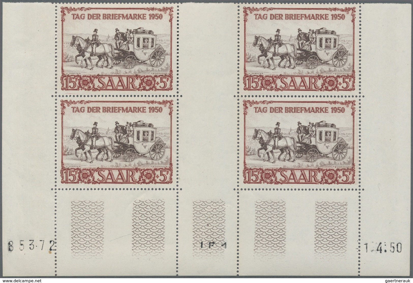 ** Saarland (1947/56): 1950, 15 + 5 Fr. "Briefmarkenausstellung IBASA", 2 Senkrechte Zwischenstegpaare - Neufs