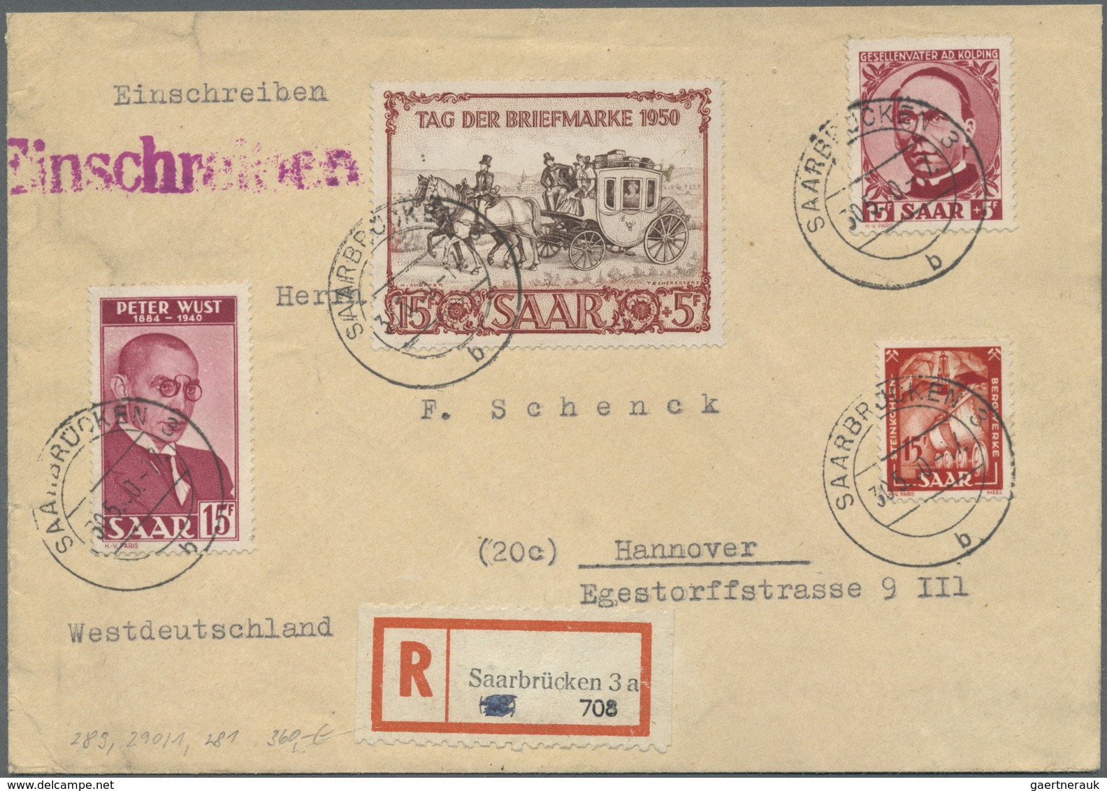 Br Saarland (1947/56): 1950, R-Brief Mit 15 + 5 Fr. Ausstellung IBASA Und Zus.-Frankatur Mit Tagestempe - Nuovi