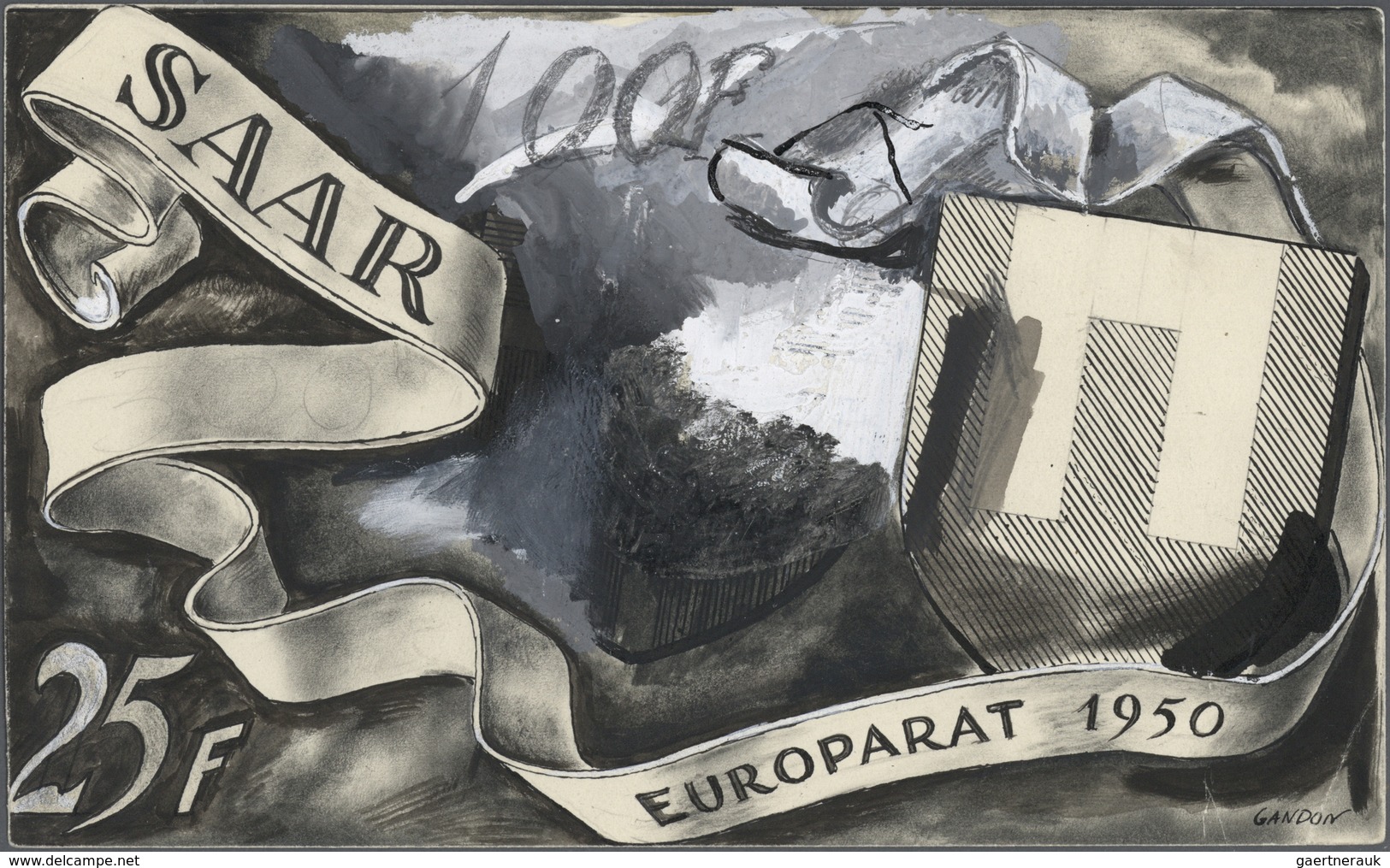 (*) Saarland (1947/56): 1950, "Aufnahme Des Saarlandes In Den Europarat", Künstlerentwurf In Wasserfarbe - Ungebraucht
