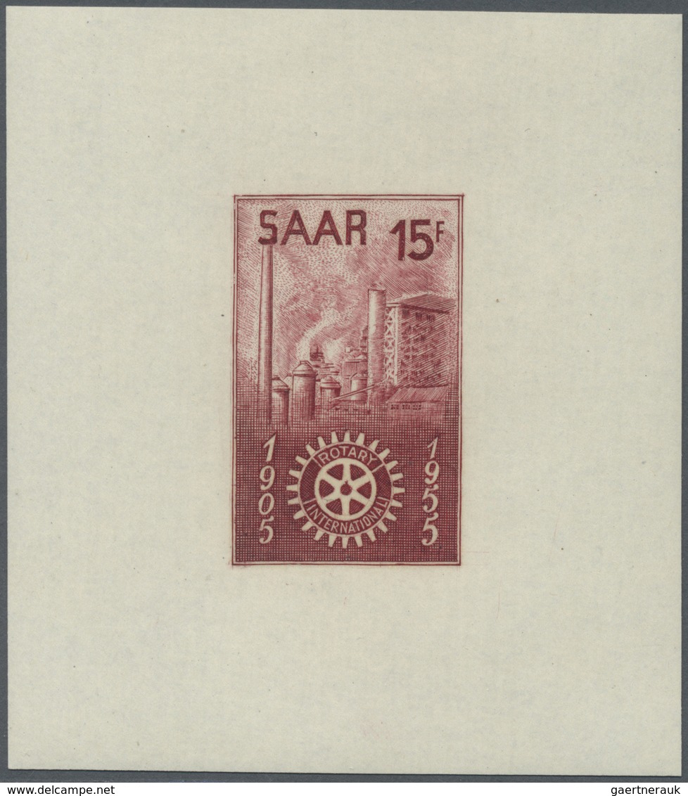 ** Saarland (1947/56): 1955, 15 Fr. Rotary Club Als Ungezähnter Probedruck In Tiefrot Im Blockformat, P - Neufs