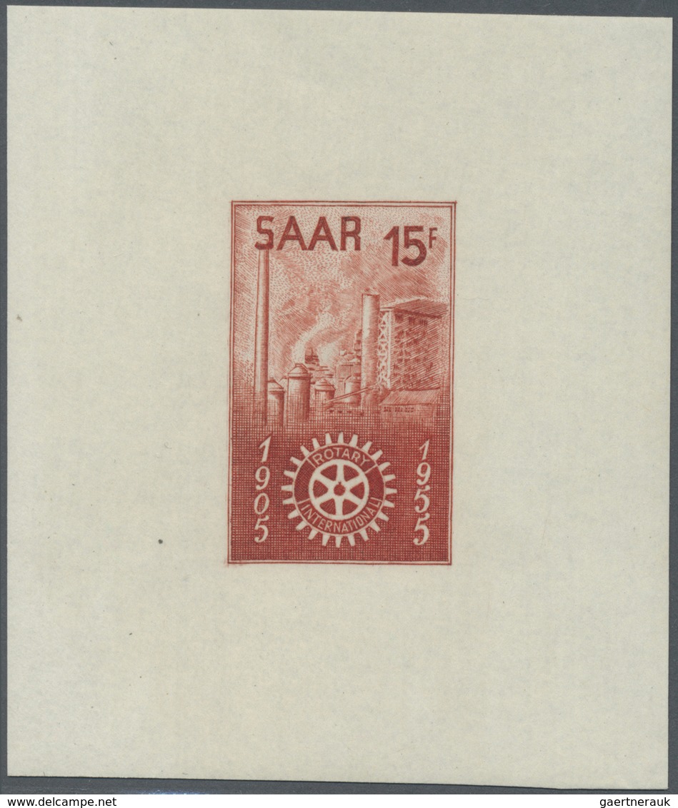 ** Saarland (1947/56): 1955, 15 Fr. Rotary Club Als Ungezähnter Probedruck In Orangerot Im Blockformat, - Ungebraucht