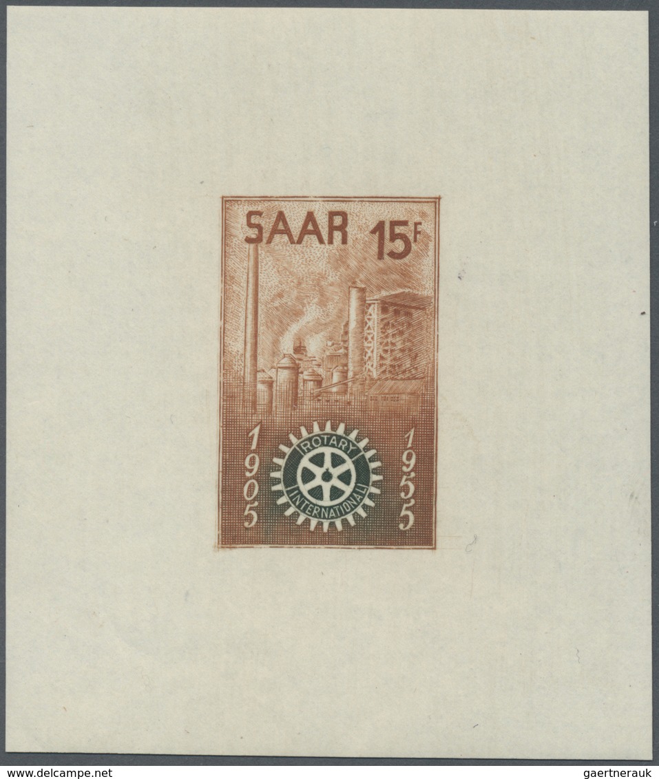 ** Saarland (1947/56): 1955, 15 Fr. Rotary Club Als Ungezähnter Probedruck In Orangebraun Und Grünschwa - Ungebraucht