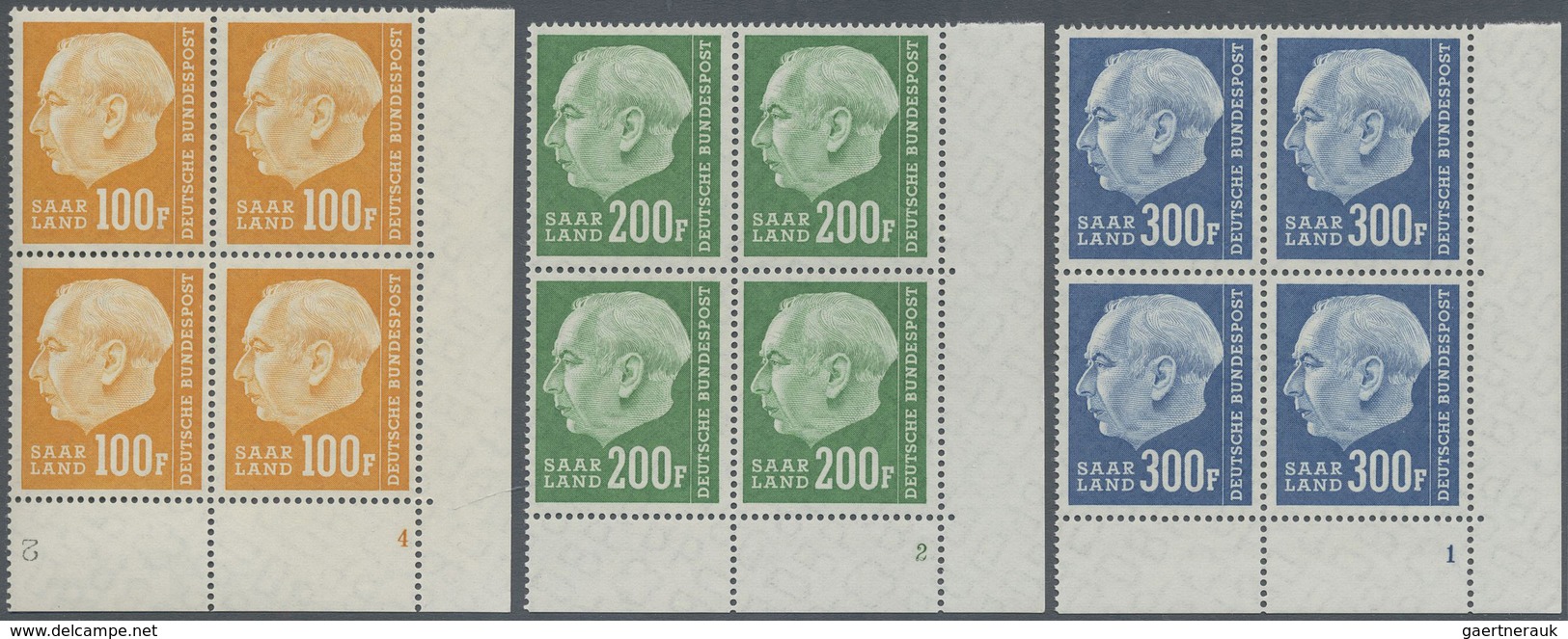 **/ Saarland (1957/59) - OPD Saarbrücken: 1957, "Heuss II" komplett, 20 postfrische Viererblocks, je aus