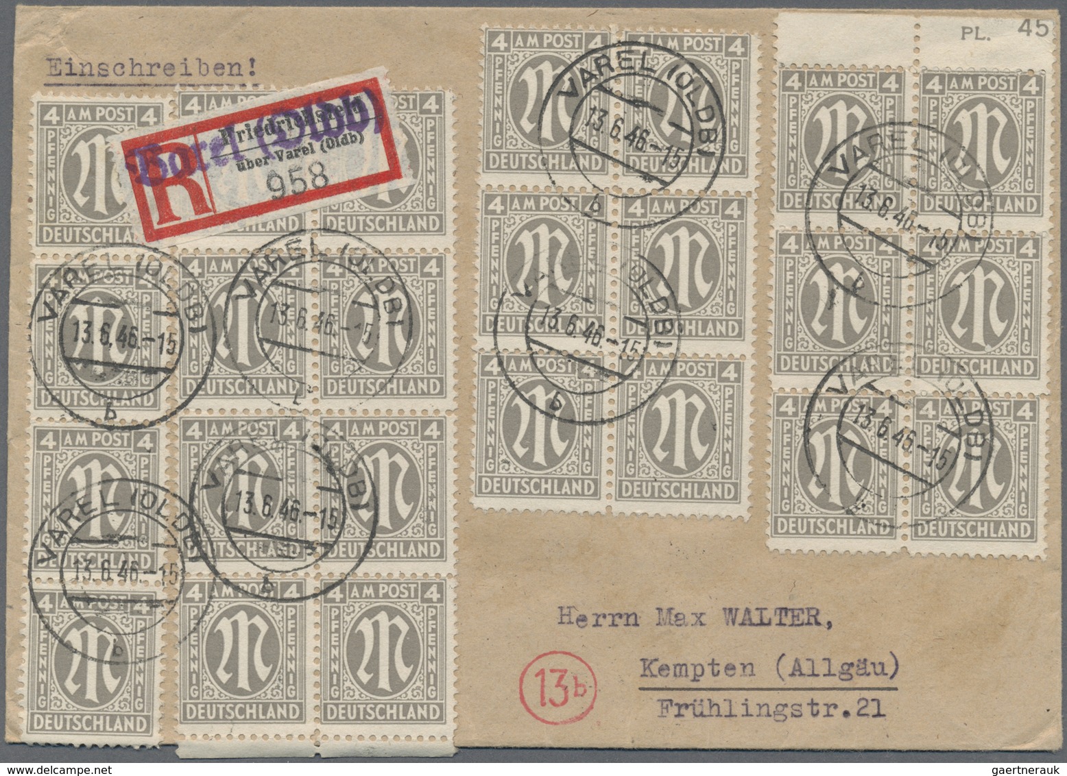 Br Bizone: 1945, 4 Pf AM-Post, 27 Stück, U.a. Vom Bogenrand Mit Teil Der Platten-Nr., Als Portogerechte - Sonstige & Ohne Zuordnung