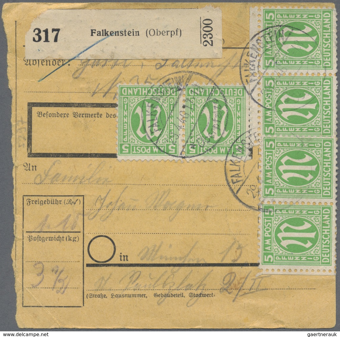 Br Bizone: 1945, 5 Pf Grün AM-Post, 14 Stück Als Massen-MeF Auf Paketkarte Von Thedinghausen, 20.4.46, - Autres & Non Classés