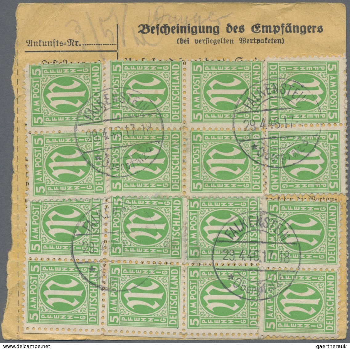 Br Bizone: 1945, 5 Pf Grün AM-Post, 14 Stück Als Massen-MeF Auf Paketkarte Von Thedinghausen, 20.4.46, - Autres & Non Classés