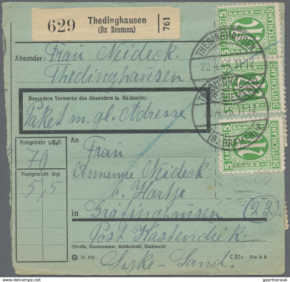 Br Bizone: 1945, 5 Pf Grün AM-Post, 14 Stück Als Massen-MeF Auf Paketkarte Von Thedinghausen, 20.4.46, - Altri & Non Classificati