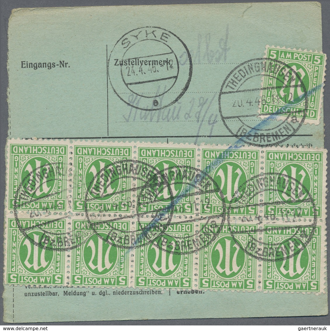 Br Bizone: 1945, 5 Pf Grün AM-Post, 14 Stück Als Massen-MeF Auf Paketkarte Von Thedinghausen, 20.4.46, - Altri & Non Classificati