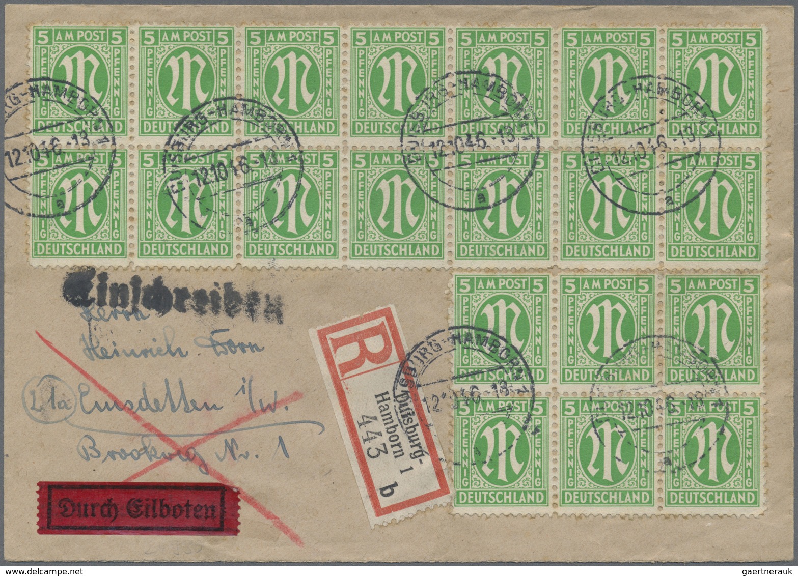 Br Bizone: 1945, 5 Pf Grün AM-Post, 33 Stück Als Attraktive Massen-MeF Auf Einschreibe-Eilbotenbrief Vo - Autres & Non Classés