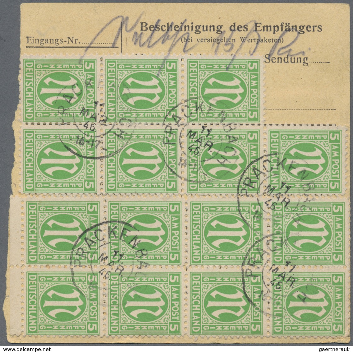 Br Bizone: 1945, 5 Pf Grün AM-Post, 18 Stück Als Massen-MeF Auf Paketkarte Mit Bayerischem Notstempel K - Autres & Non Classés