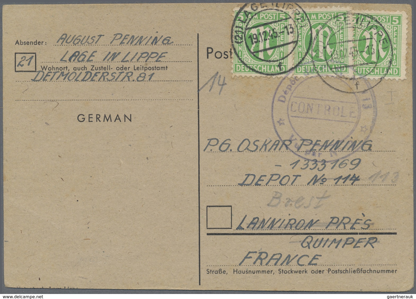Br Bizone: 1945, 3 X 5 Pf Grün AM-Post, Portogerechte MeF Auf Kriegsgefangenenpostkarte Von Lage (Lippe - Sonstige & Ohne Zuordnung