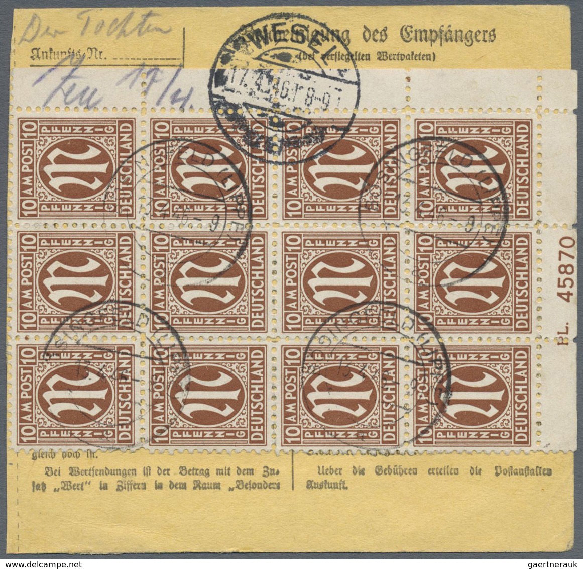 Br Bizone: 1945, 10 Pf AM-Post, 12er-Block Von Der Re. Unteren Bogenecke Mit Platten-Nr.45870, Als Port - Autres & Non Classés